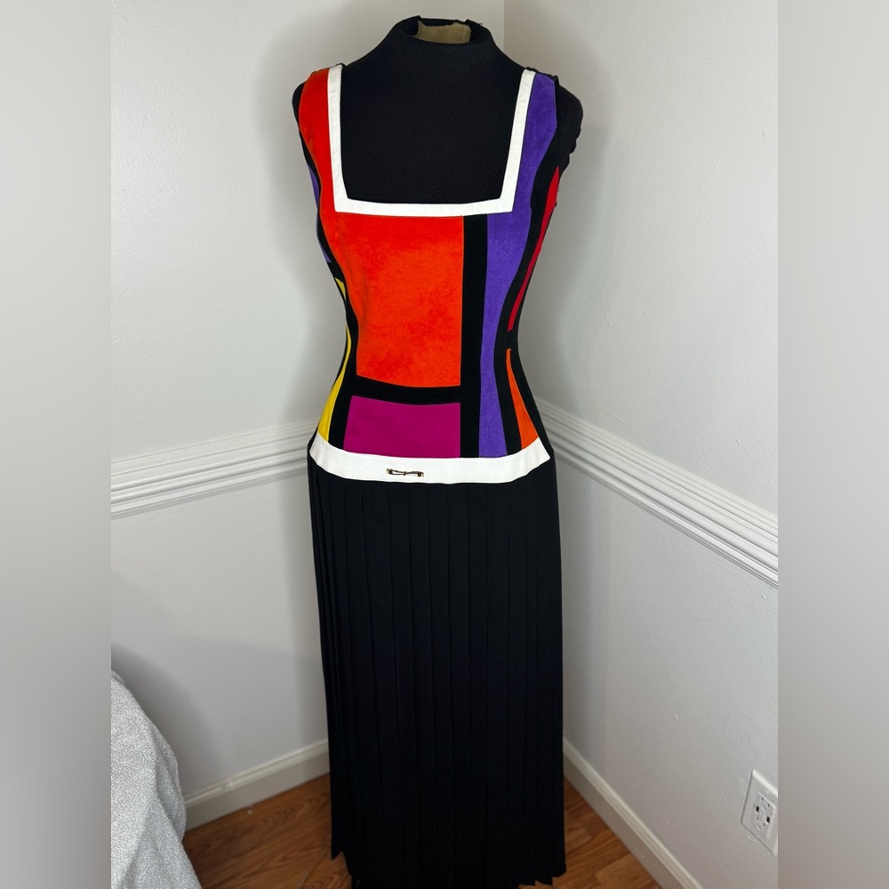 Vintage Color Block Ultra Suede Pleated Carwash Dress